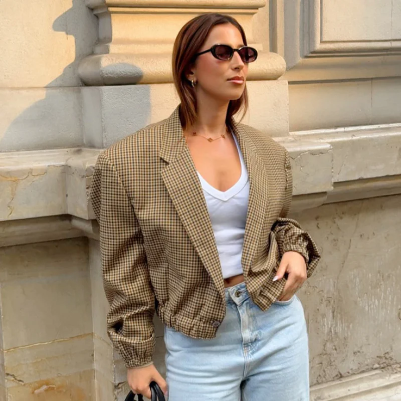 2025 가을 여성 의류 신상 코트 여성용 숏 체크 블레이저 레트로 루즈핏 슬림핏 재킷 다용도 수트