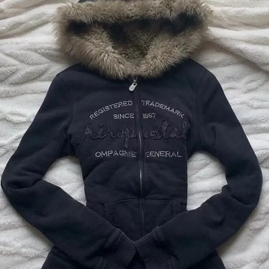 Harajuku корейский эстетический винтажный свитшот с меховым воротником и капюшоном Kawaii осенне-зимняя одежда женская Y2K толстовка на молнии