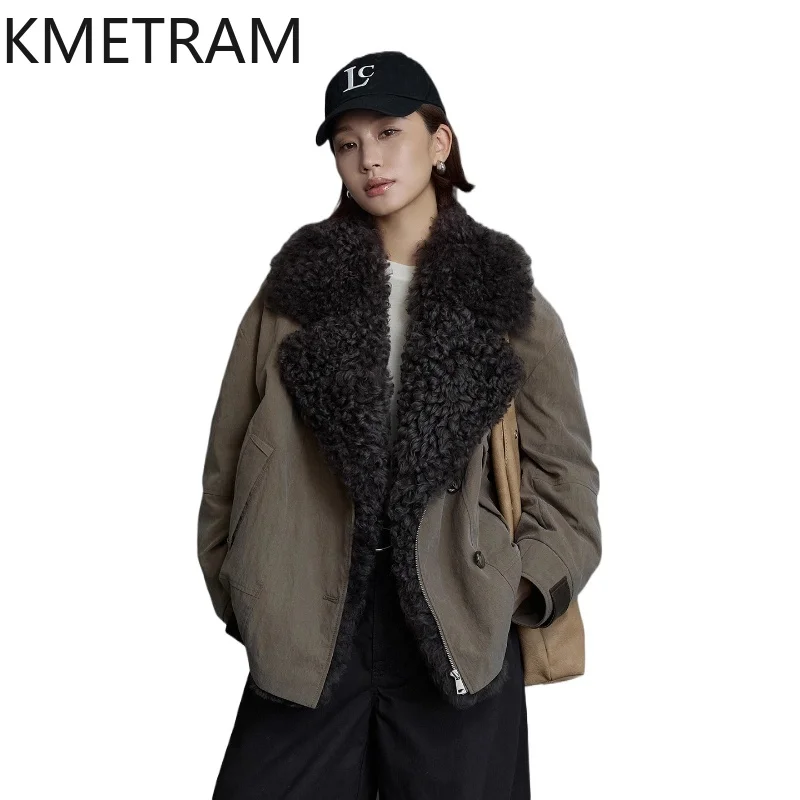 

KMETRAM White Goose Down Jacket Woman Sheepskin with Wool Attached Collar Winter Coats Women Clothing Puffer Jackets 2025 шуба