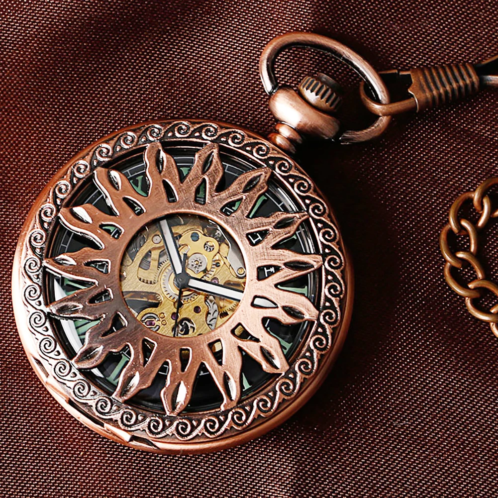 

Retro Rose Copper Self Winding Pocket Watches Automatic Mechanical Hollow Sun Flower Vintage Pendent Pocket Watch Clock for Men