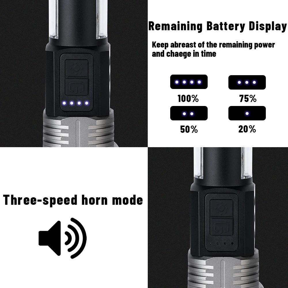 6-in-1 Self Defence LED Flashlight with Magnetic Charging Emergency Light Outdoor Camping Lamp Safety Hammer Tactical Flashlight