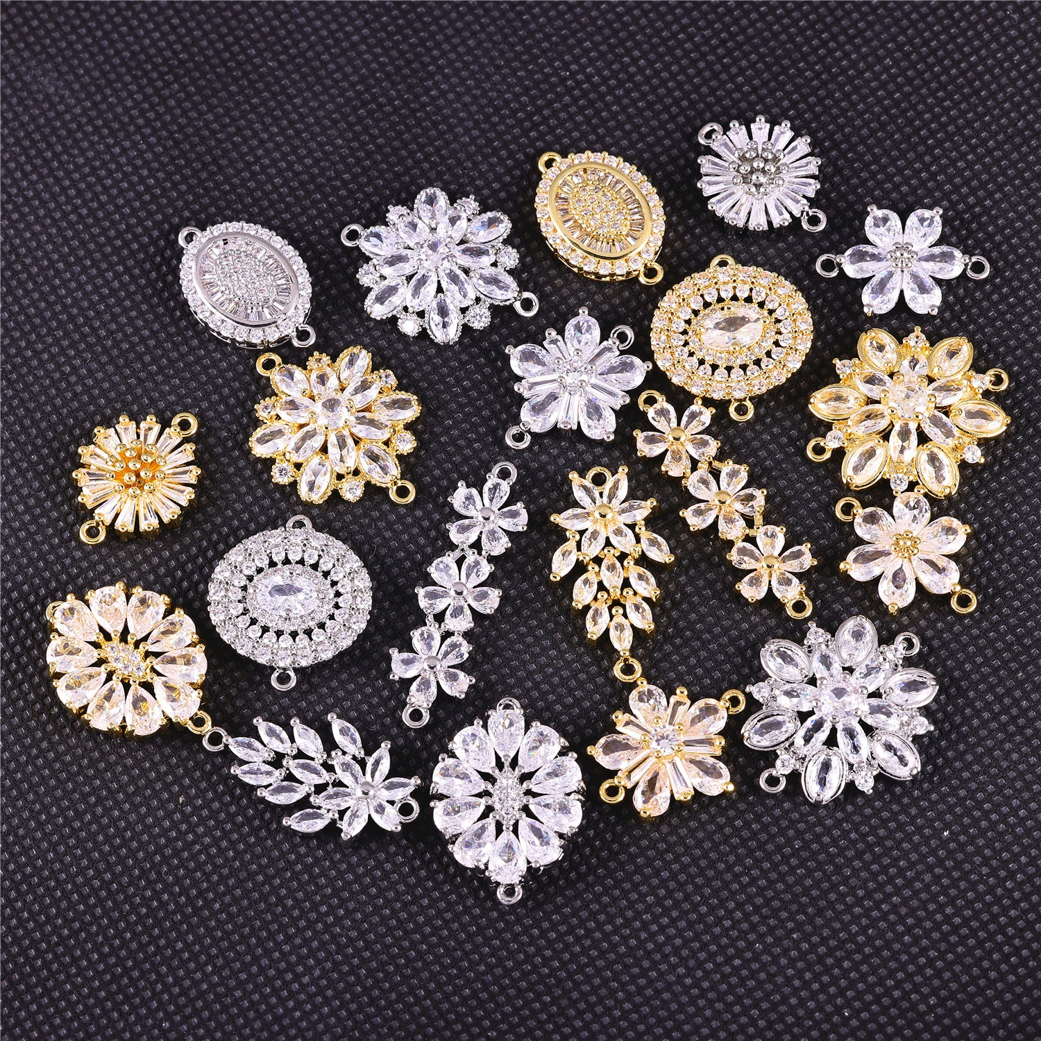 Juya Handmade Jewelry Material Supplies Gold Cubic Zirconia Flower Charm Connectors For DIY Bracelets Earrings Making