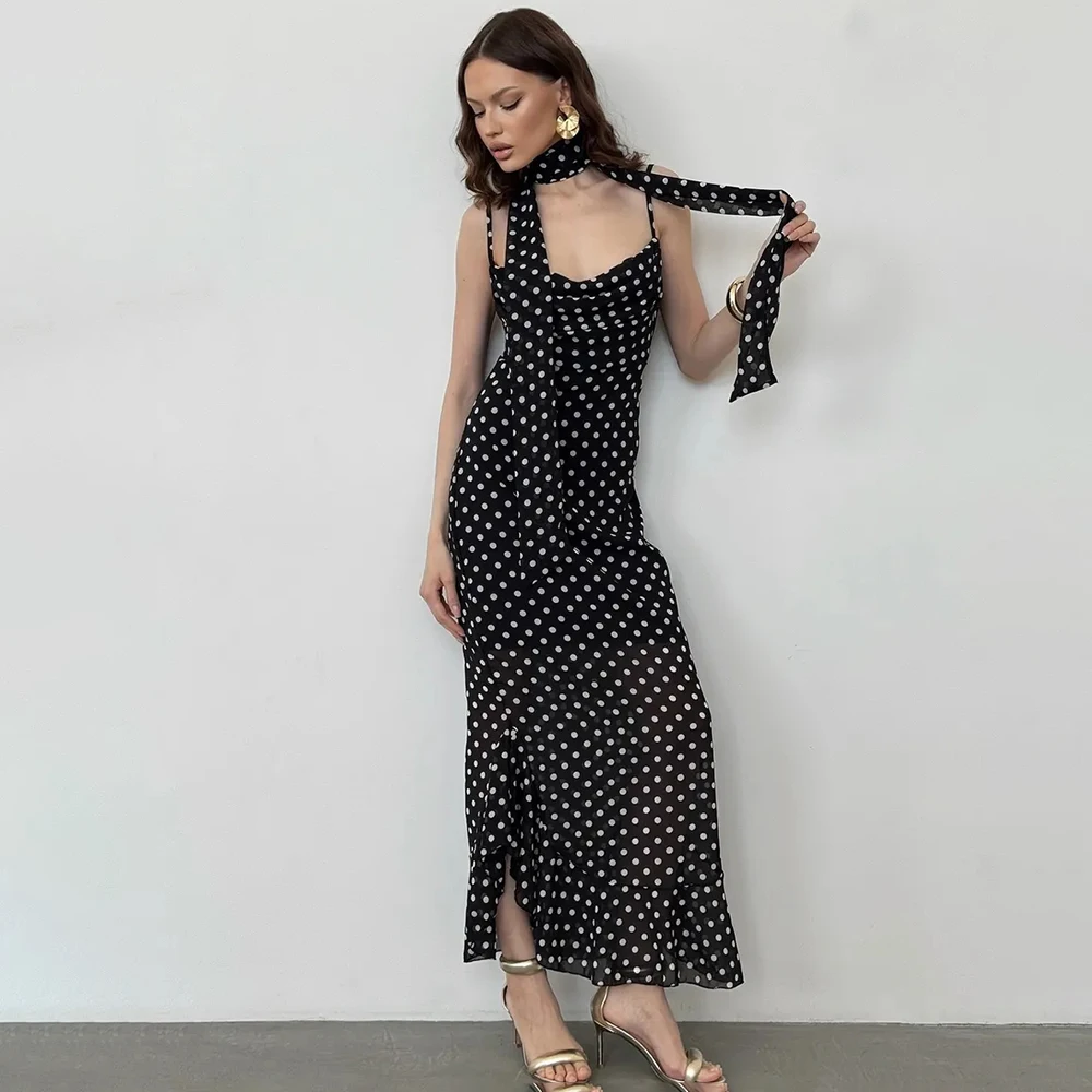 Tuularose Elegant Polka Dot Long Dress Summer Scarf Ribbon Ruffle Halter Pleated Dress Luxury Sleeveless Women's Evening Dresses