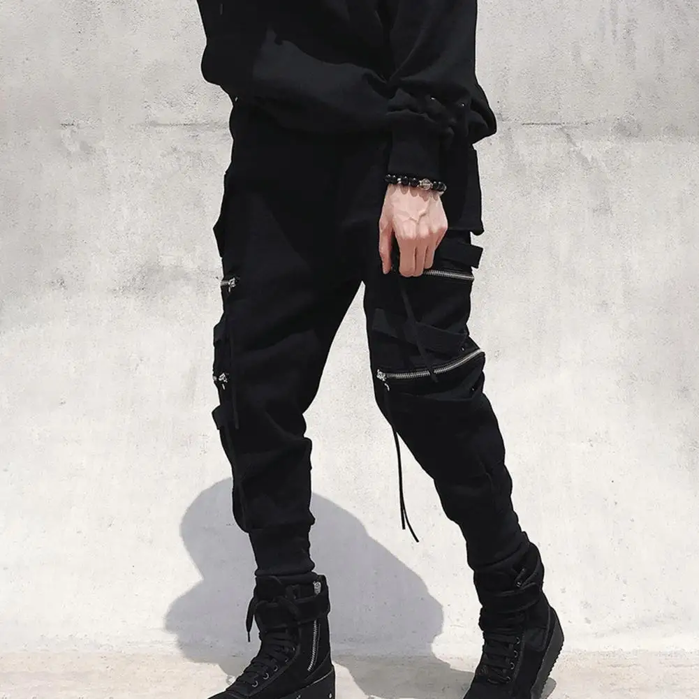 Hip Hop Men Pants Hip Hop Streetwear Men's Cargo Pants with Zipper Decor Ankle Straps for Outdoor Travel Sports Solid Color