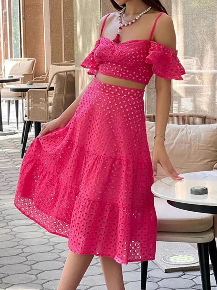 

Женский элегантный однотонный комплект из 2 предметов с высокой талией, кружевная длинная юбка с вышивкой, сексуальный укороченный топ с v-образным вырезом и короткими рукавами, праздничный костюм