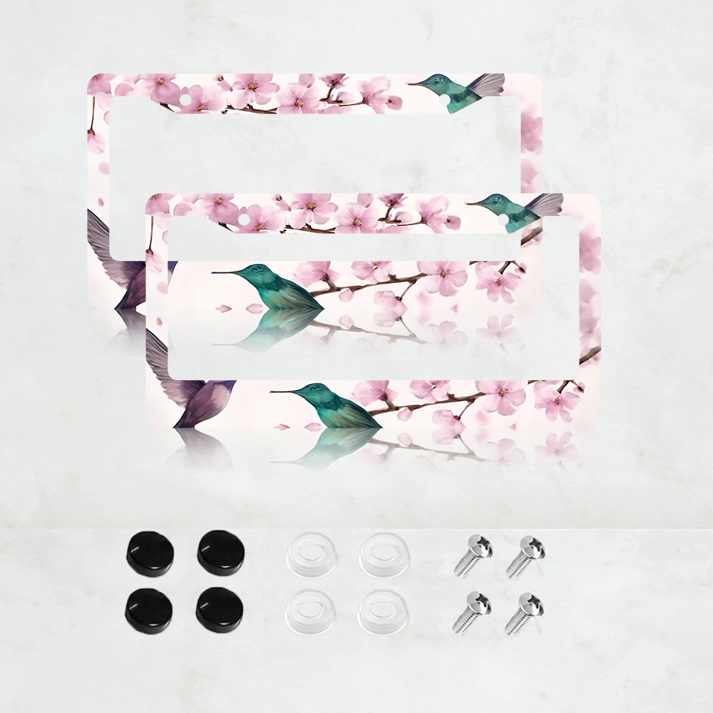 

2PC 2-Hole License Plate Frame, Aluminum, 6x12 Inches, with Screws, Pink Hummingbird Design, American Canadian Standard Size