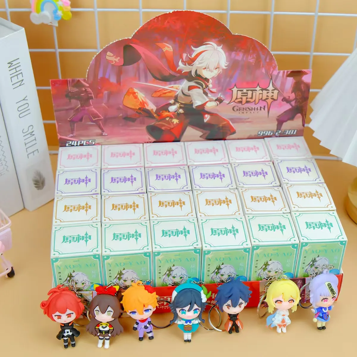 24Pcs/Box Game Cartoon Xiao Morax Barbatos Amber Ganyu Paimon Bennett Tartaglia Pendant Keychain Cute Silica Gel Keyrings Gift