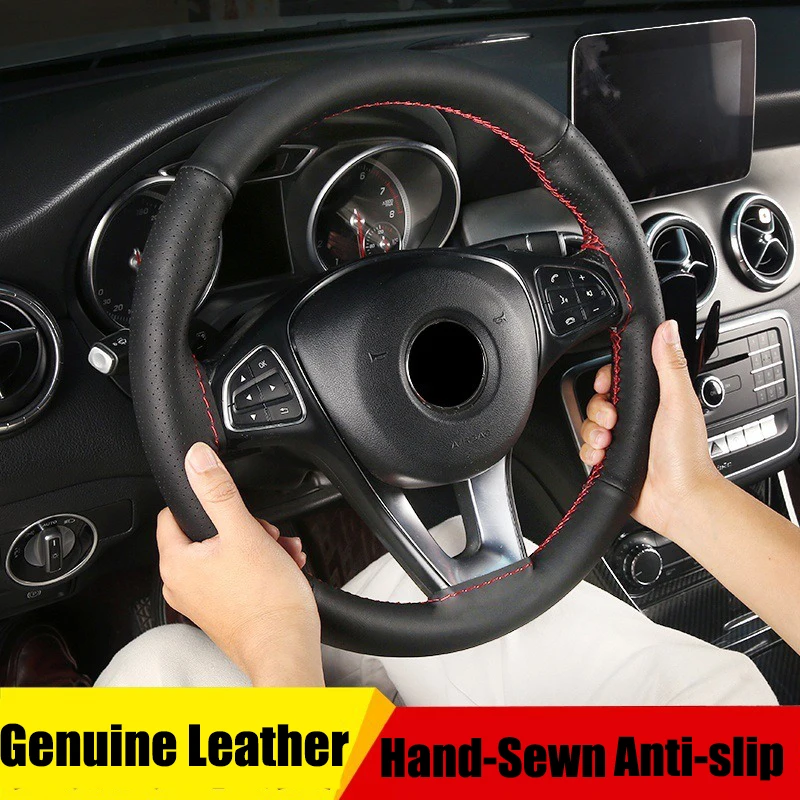Genuine Leather Braid On Steering Wheel Soft Car Steering Wheel Cover Needles And Thread Artificial Real Leather Antislip Cover