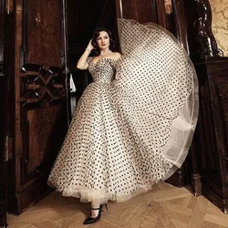 OEING Vintage Princess Dot Tulle Prom Dresses Off the Shoulder Tea Length Short Sleeves Formal Evening Party Gowns Customized