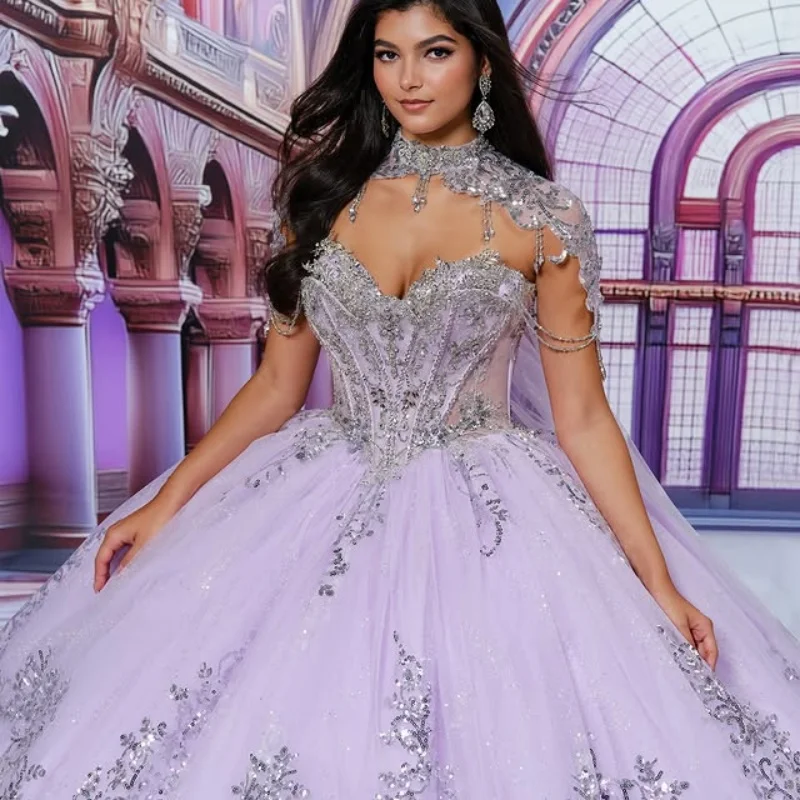 

Лавандово-фиолетовые платья Quinceanera, блестящая кристаллическая наклейка, многослойные бусины с открытыми плечами, длинный хвост, Vestido 15, Quinceanera, на заказ