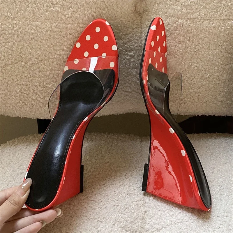 

Aneikeh Fashion Women Polka Dot Wedge Mules Slippers Elegant Transparent PVC Strap Satin Backless Pumps Summer Party Dress Shoes