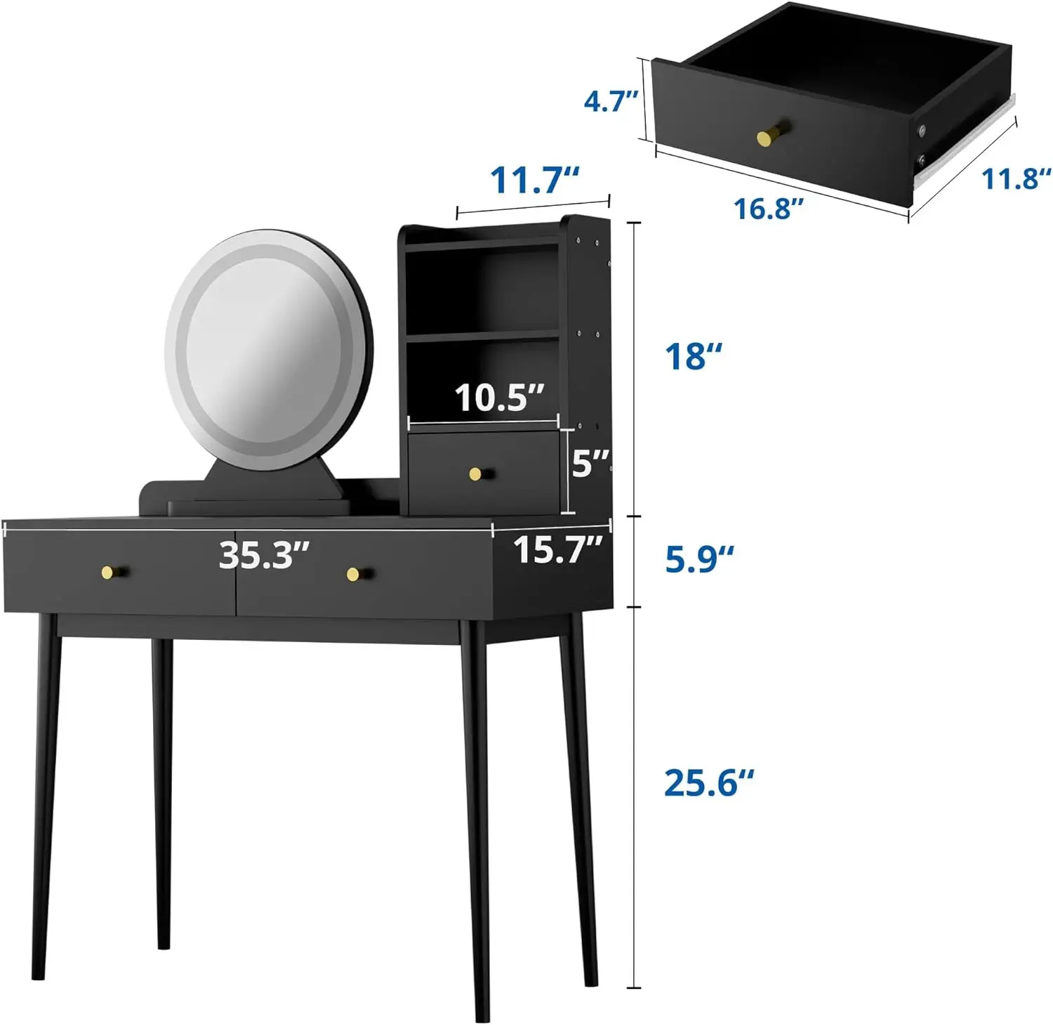 Cozy Castle Vanity Desk with Lighted Mirror, Wood Makeup Table with 3 Drawers and 2 Shelves, Modern Makeup Vanity with 3 Lightin