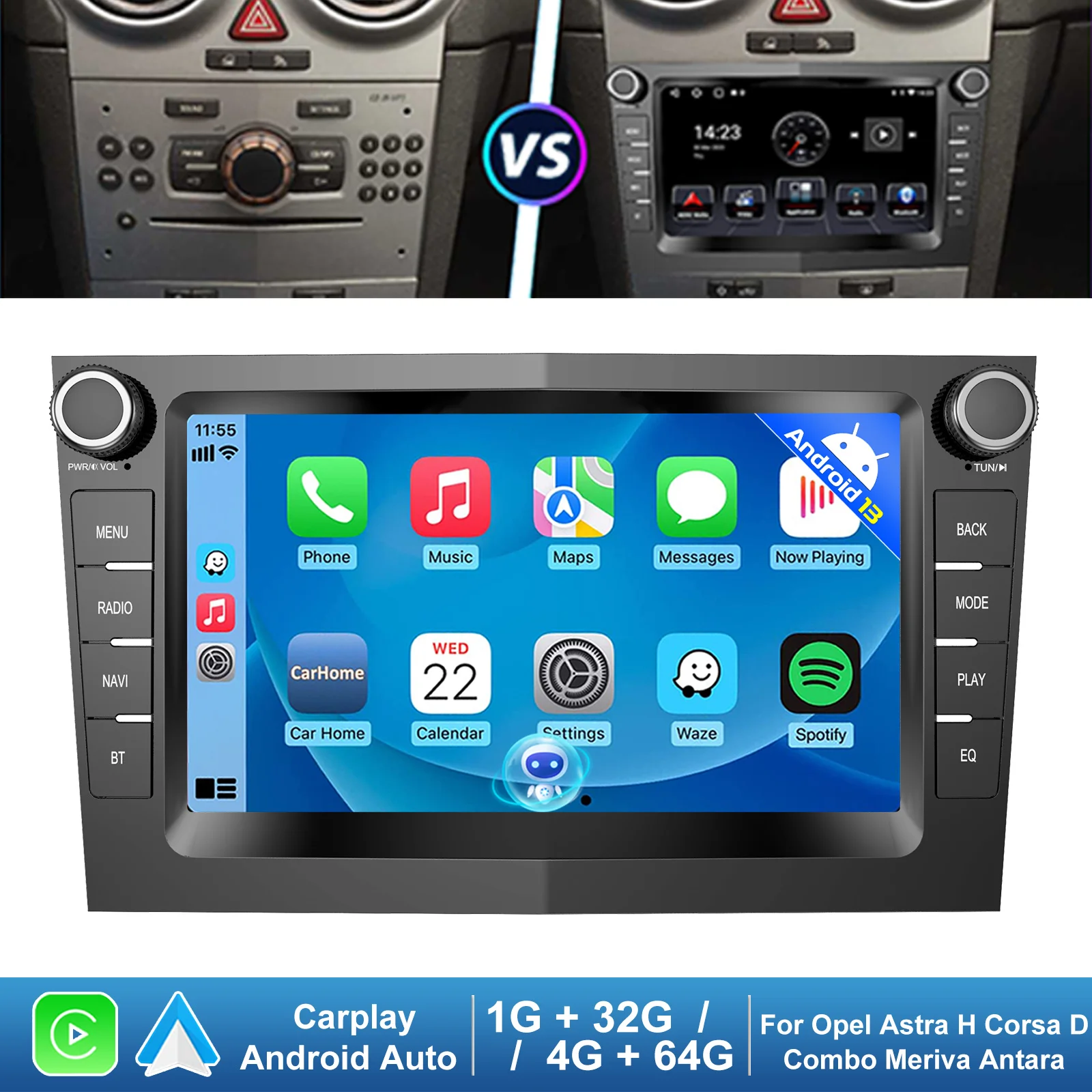 ESSGOO Android 13 Car Stereo Radio For Vauxhall Astra H Zafira Corsa C D Combo CarPlay Android Auto GPS NAV RDS WiFi Bluetooth