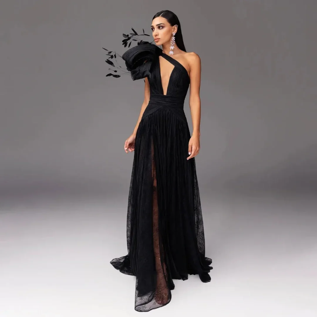 

2025 One Shoulder vestido de festa Long Prom Gowns Feather Boho Style Maxi Dresses High Split Sexy Black Chiffon Prom Gown