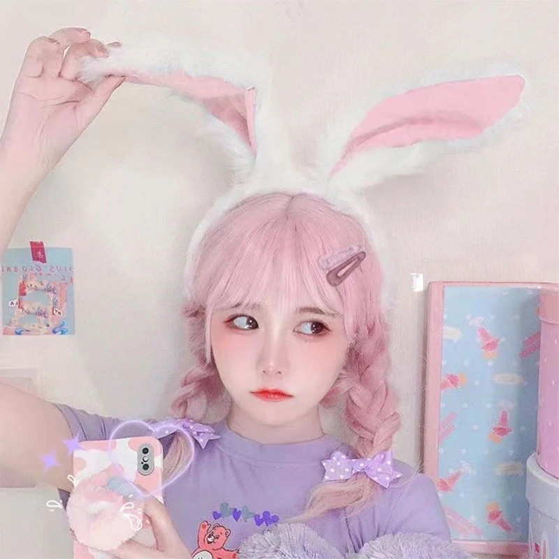 

Women Lolita Cosplay Headbands Sweet Girls Fluffy Plush Long Rabbit Bunny Ears Hair Hoop Cartoon Anime Costume Accessory