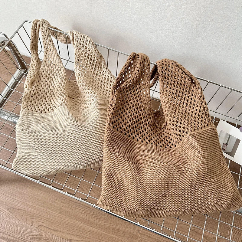 Gestrickte Handtasche für Frauen, Vintage, hohl, gewebt, Unterarm-Umhängetasche, große Kapazität, Shopper-Tasche, Damen, Sommer, Strand, Reisetasche