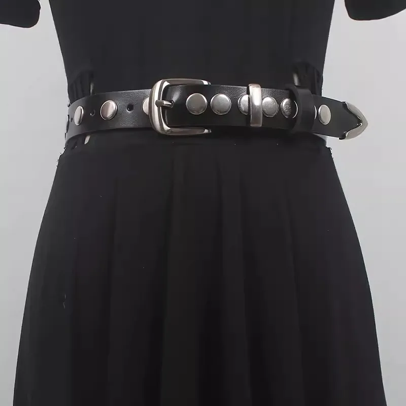 Women's Runway Fashion Black Genuine Leather Rivet Cummerbunds Female Dress Corsets Waistband Belts Decoration Wide Belt R925