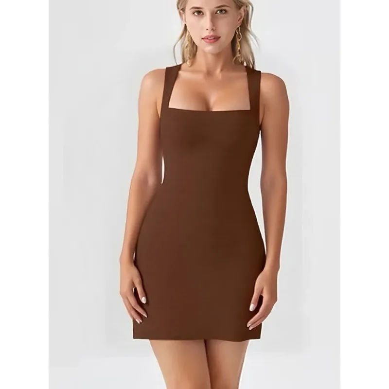 Summer Elegant Solid Color Simple Square Neck Sleeveless Short Dressest New Fashion Versatile Casual Women's Slim Basics Dress - view 6
