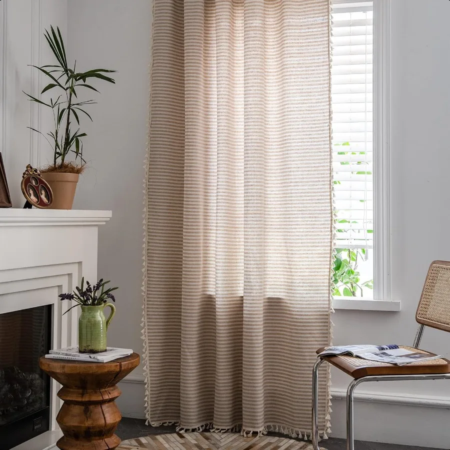 

Занавеска в стиле бохо, длина 84 дюйма, бежевая полосатая занавеска с принтом и кисточками ручной работы, карман для стержня, обработка окон, деревенский богемный Fa