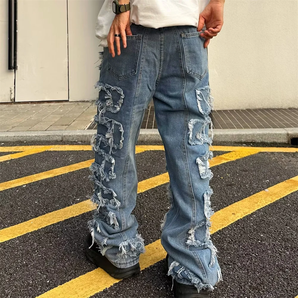 Mannen Rechte Jeans Broek Mode Vintage Verzwakte Patchwork Kleur Blok Denim Broek Mannen Casual Broek Ripped Bodems