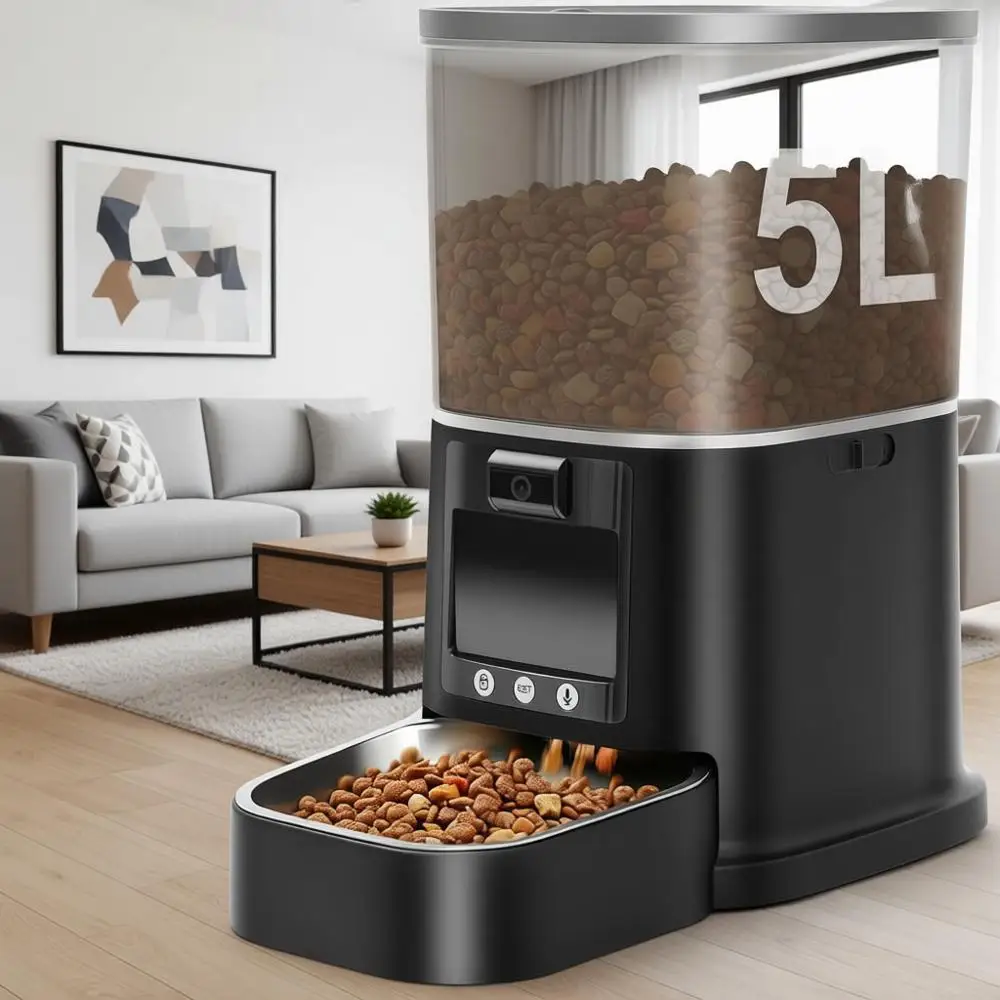 Automatic Pet Feeder with Camera, 5G Smart Dispenser, 2-Way Video/Audio, Adjustable Angle, Night Vision, 5L Food Dispenser for C