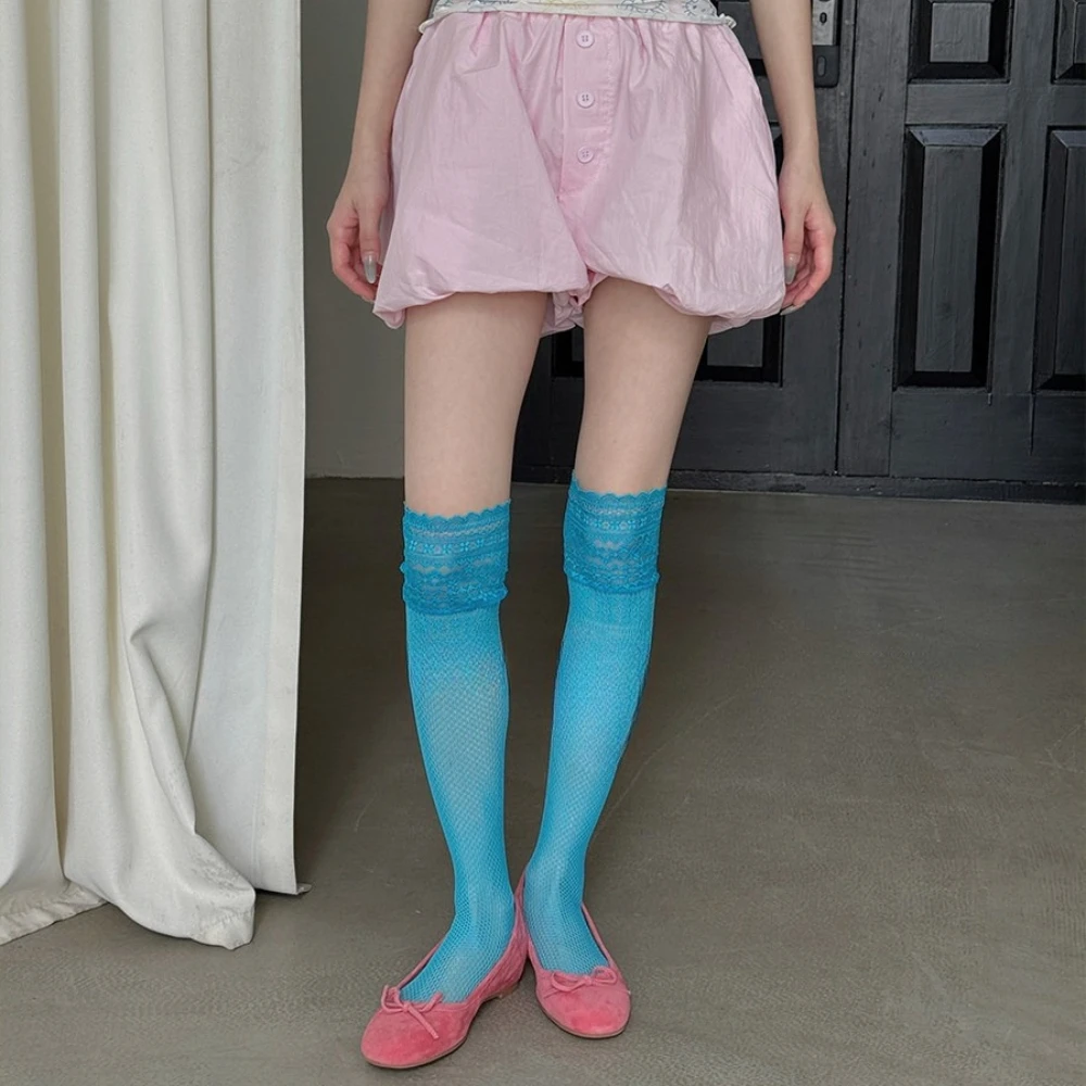 Lolita Lace Hollow Out Over The Knee Fishnet Socks Candy Color Ins Korean Long Socks Japanese Shibuya Hot Girl Slouch Socks