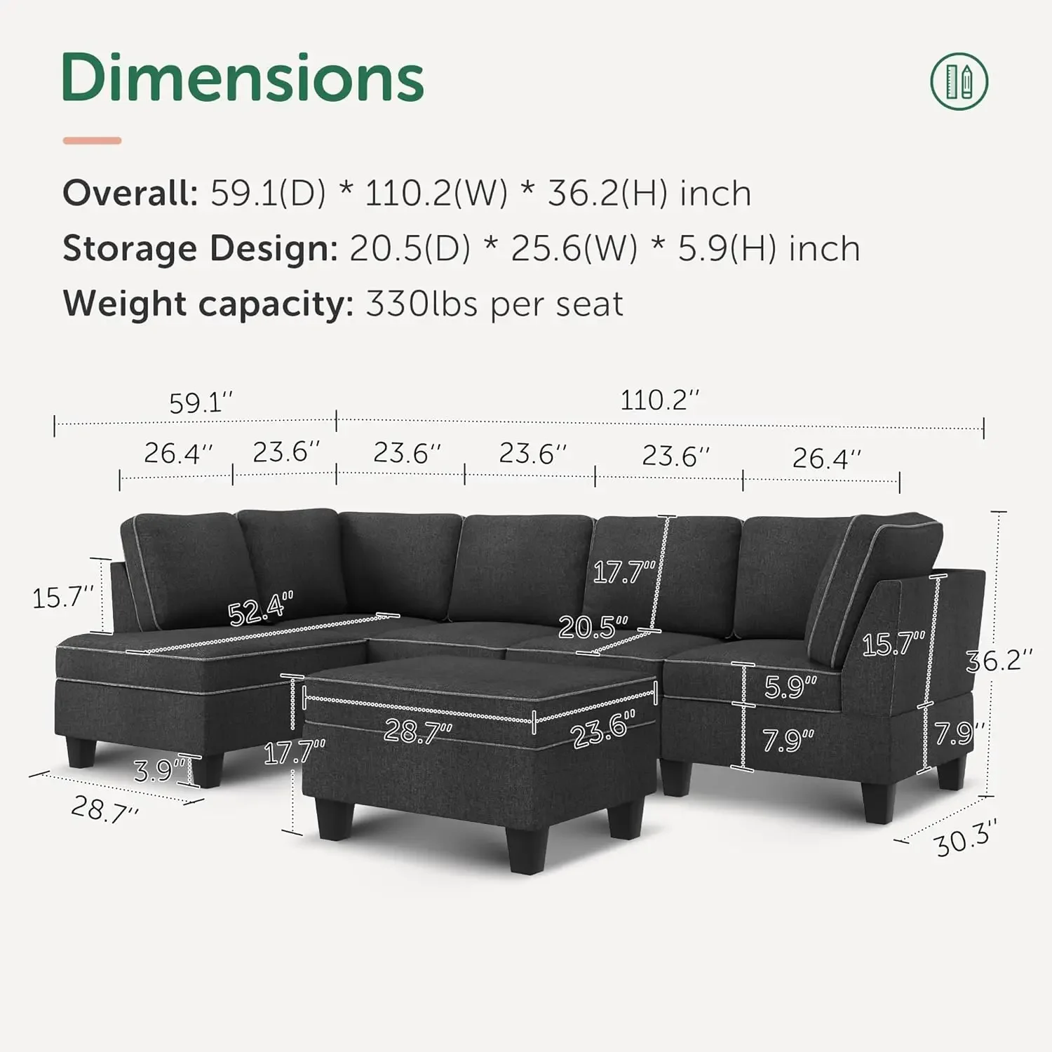 Convertible Sectional Sofa with Storage, L Shape Couch with Ottoman, Reversible Sectional Couch for Living Room, Dark Grey