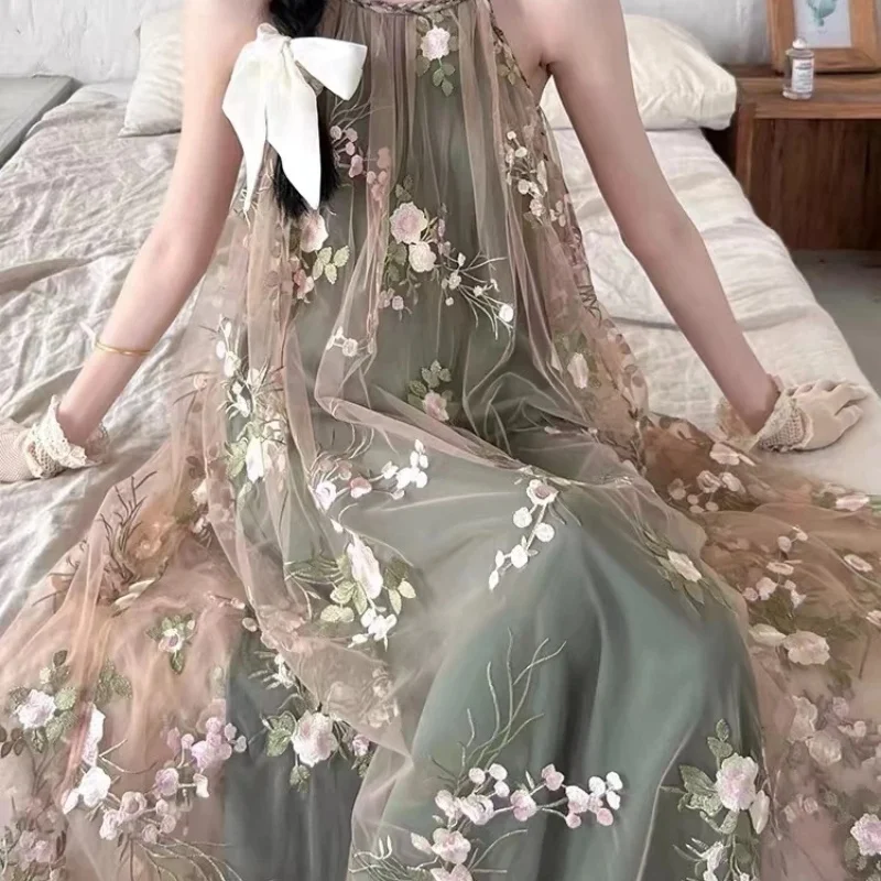 

Floral Embroidered Tulle Maxi Dress with Spaghetti Strap and Bow Detail Summer Fairycore A-Line Loose Floor Length Dress for