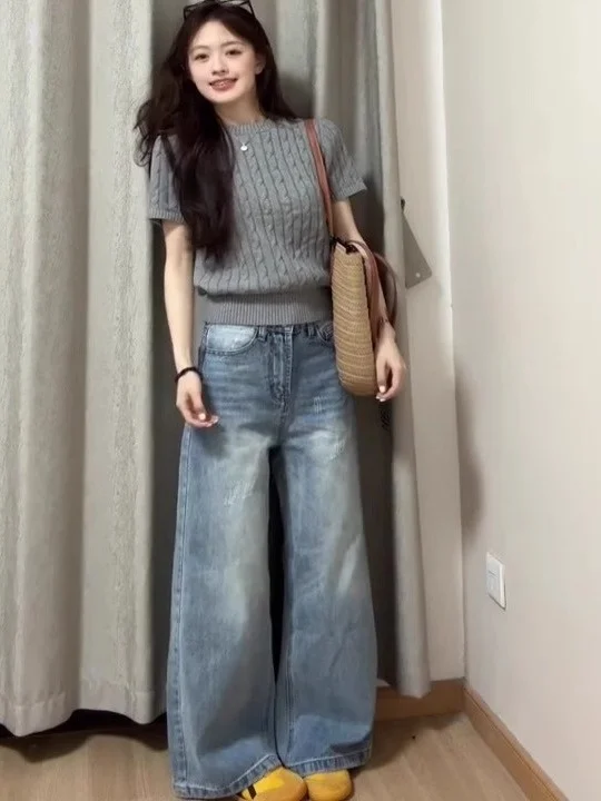 Ay tricoté ort Sve rond Ne T-irt femmes été nouveau coréen Sle coupe ample humidité ng haut léger