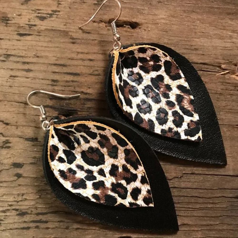 Double Layer Leaf Leather Earrings  Leopard Print PU Drop Dangle Lightweight Earring for Women Jewelry Gifts