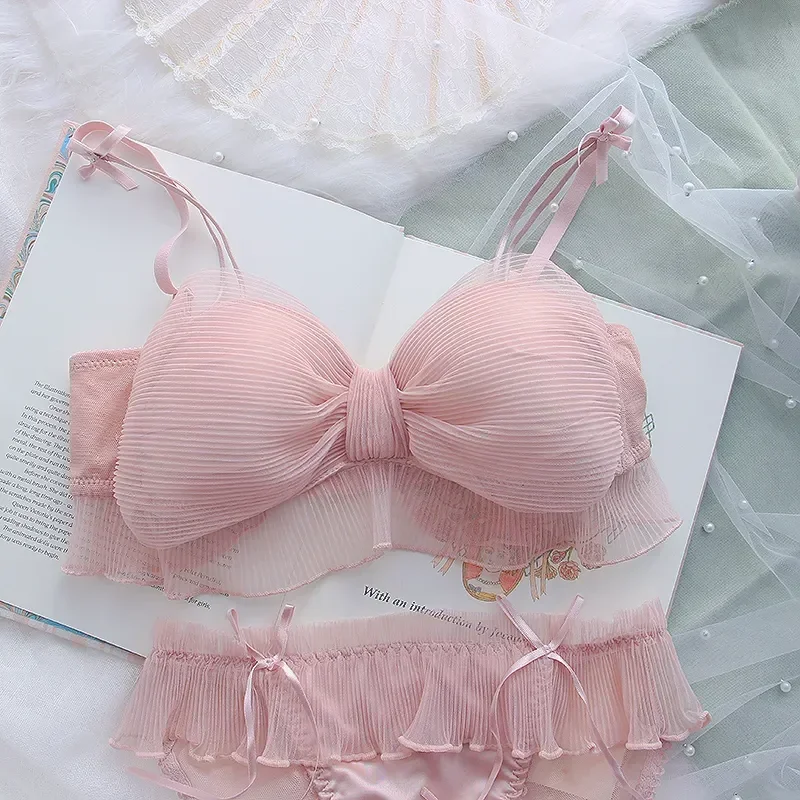 2026 Neues Süßes Lolita-Schleifen-Mesh-BH-Set, Süßer Rüschen-BH ohne Bügel, Bequeme Unterwäsche im japanischen Stil für Mädchen – Detail 4
