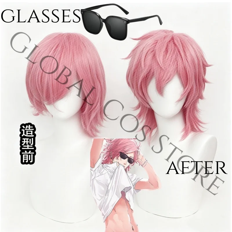

Ayato Yuri Cosplay Wig Japanese BL Anime Natural-Looking Pink Cos Wig Black Sunglasses Set Halloween Comic Party Props
