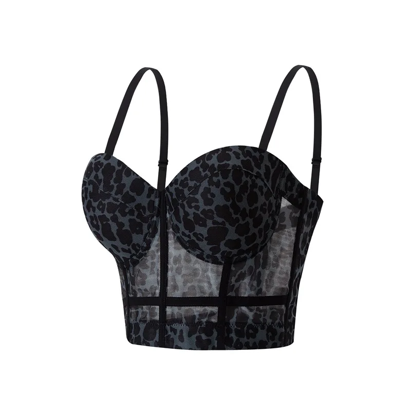 

FIGOHR Summer Women's Sexy Leopard Print Tank Top with Bra Pads Female Hot Girl Sheer Lace and Mesh Boned Corset for Outerwear