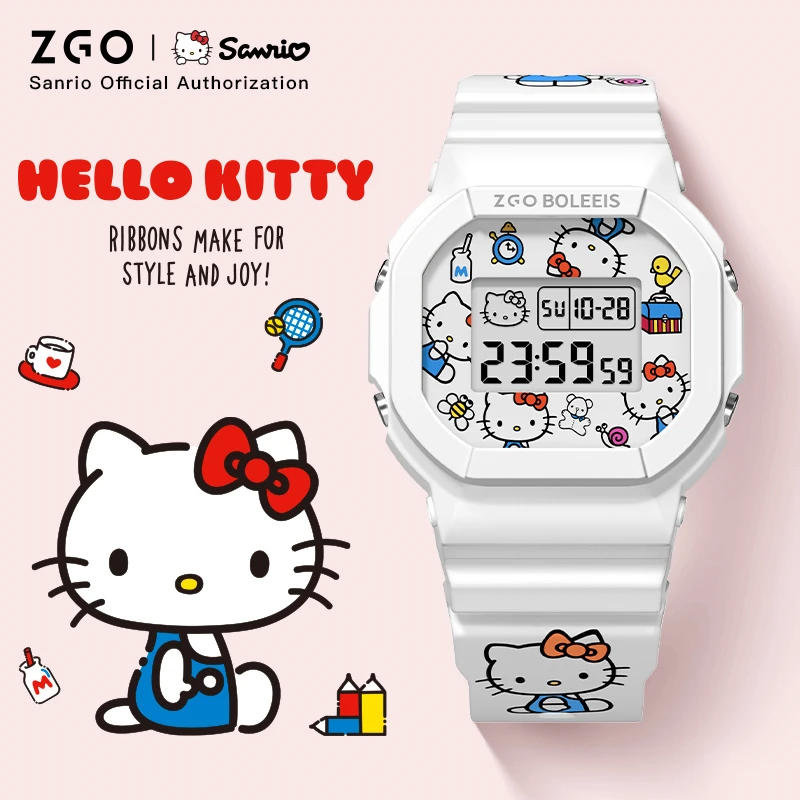 ZGO X Sanrio HelloKitty นาฬิกาอิเล็กทรอนิกส์กันน้ํากีฬานาฬิกาข้อมือ TPU สายนาฬิกา Chronograph หญิงคริสต์มาสของขวัญ 8611