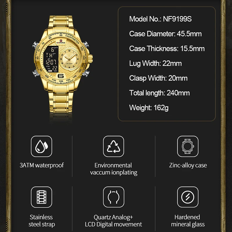 NAVIFORCE Luxury Brand Watches For Men Stainless Steel Chronograph Digital Quartz Wrist watch Fashion Luminous Waterproof Clock