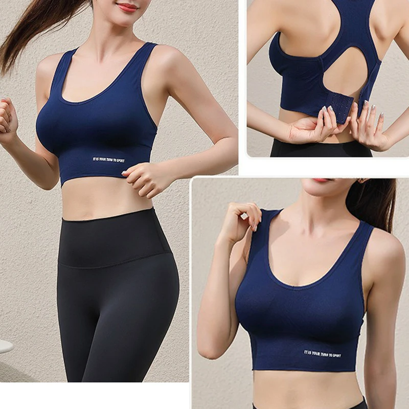 Aiithuug 4 Row Buckle Letter Printed Yoga Bras Women\'s Removable Padded Racerback Wireless Sport Bra Gym Pilates Underwear