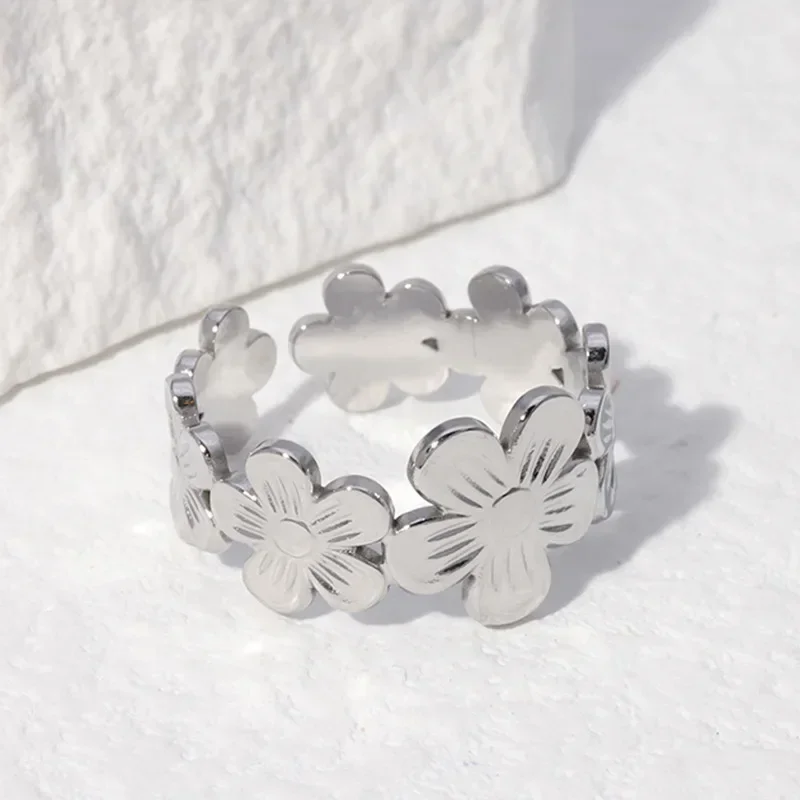 Stainless Steel Vintage Flower Rings Gold Silver Color Adjustable Open Finger Rings for Women Girls Accessories Gifts