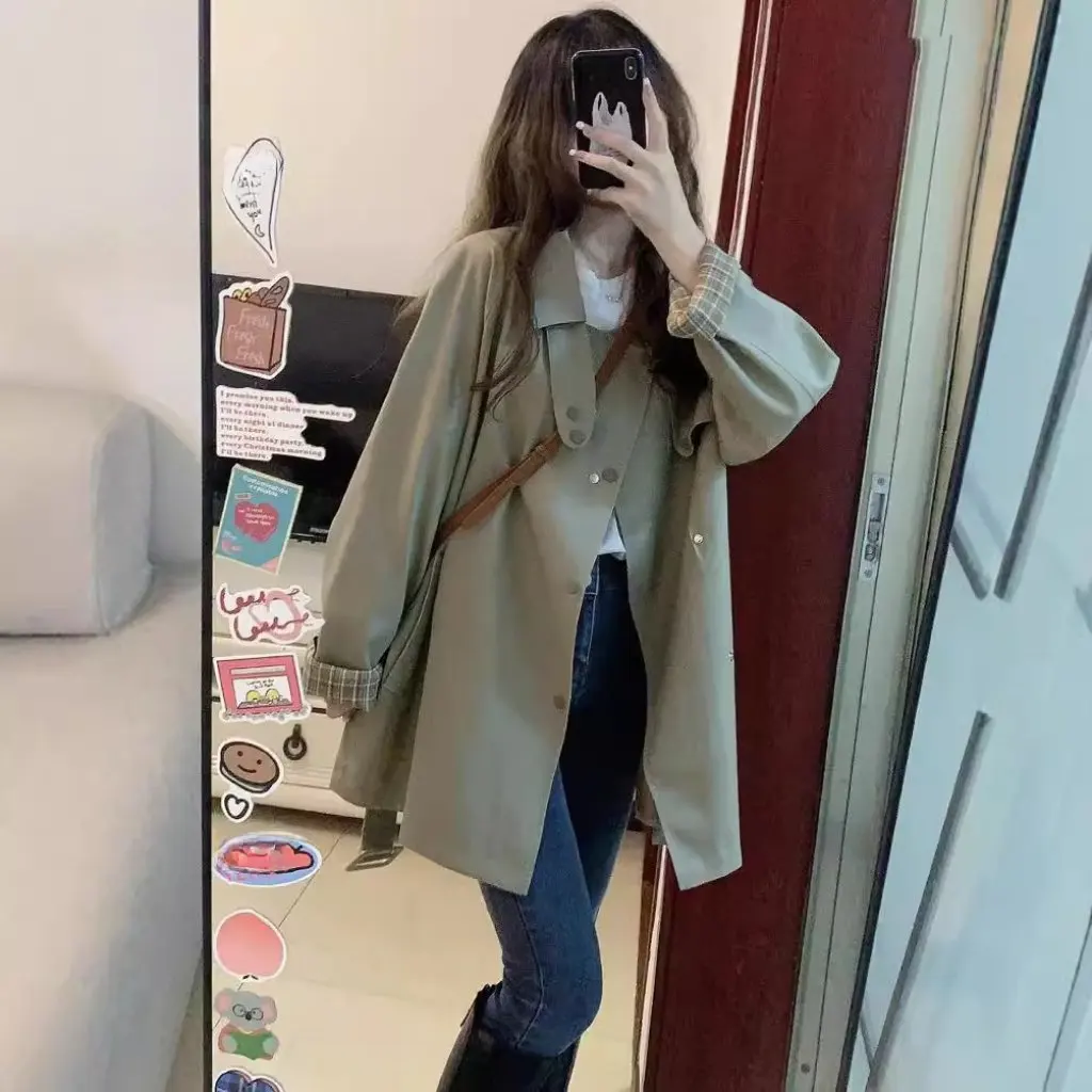 

Женская маленькая ветровка в британском стиле, осенне-зимняя рабочая одежда средней длины цвета хаки, новинка