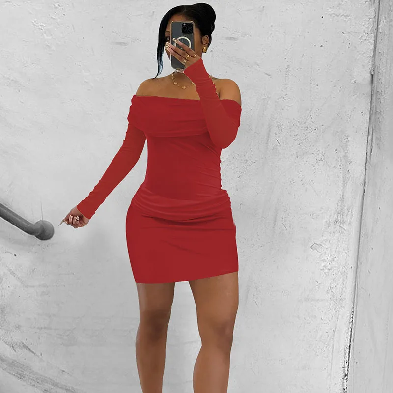 

Sexy Mesh See-through Patchwork Draped Two Piece Sets Women Off Shoulder Long Sleeve Top and Mini Skirt Set Night Club Outfits
