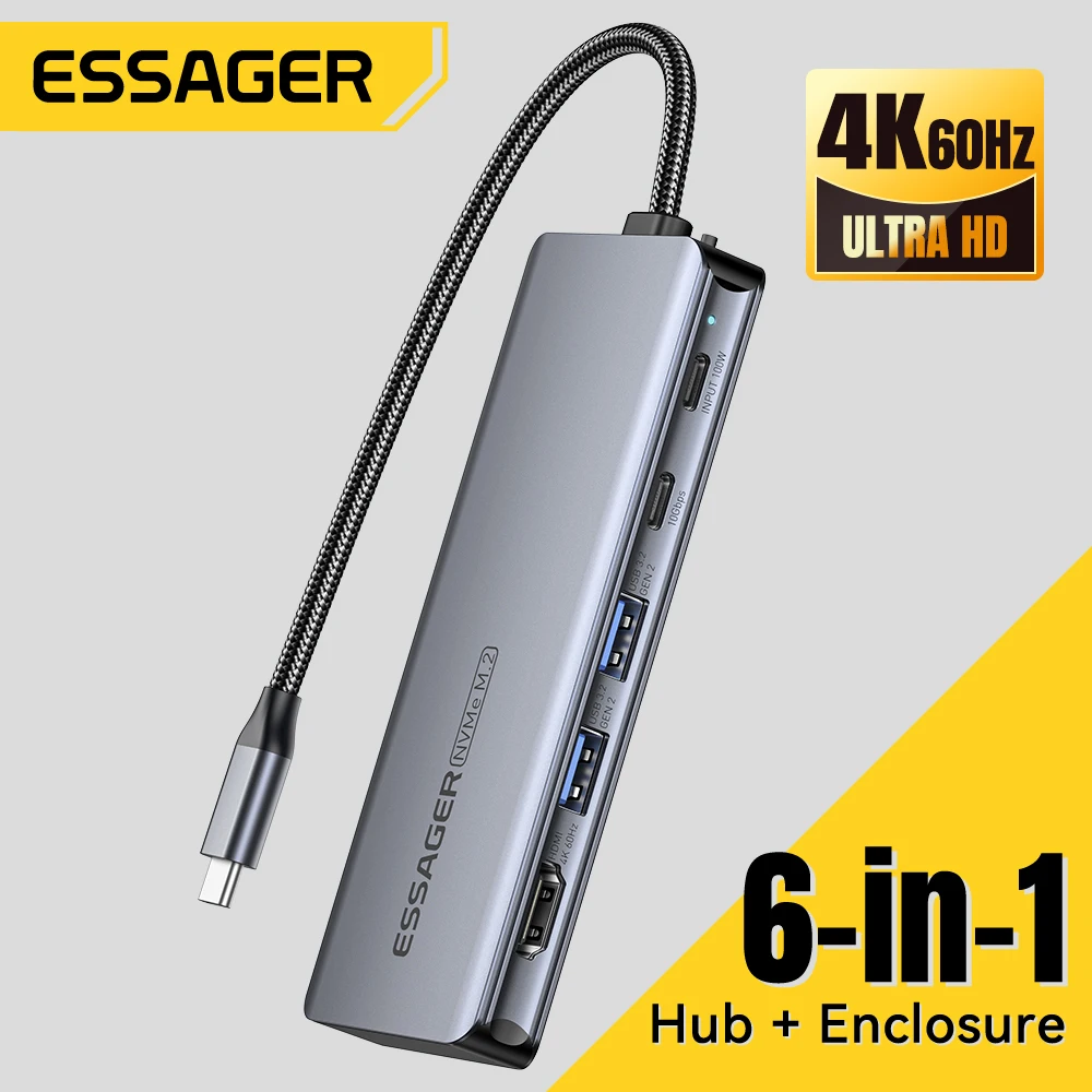 Essager 6 in 1 Type-C Hub Type-C To HDMI USB3.2 Gen2 VMe SSD Adapter 7 in1 HUB PD100W Fast Charge For Phone Laptop MacBook