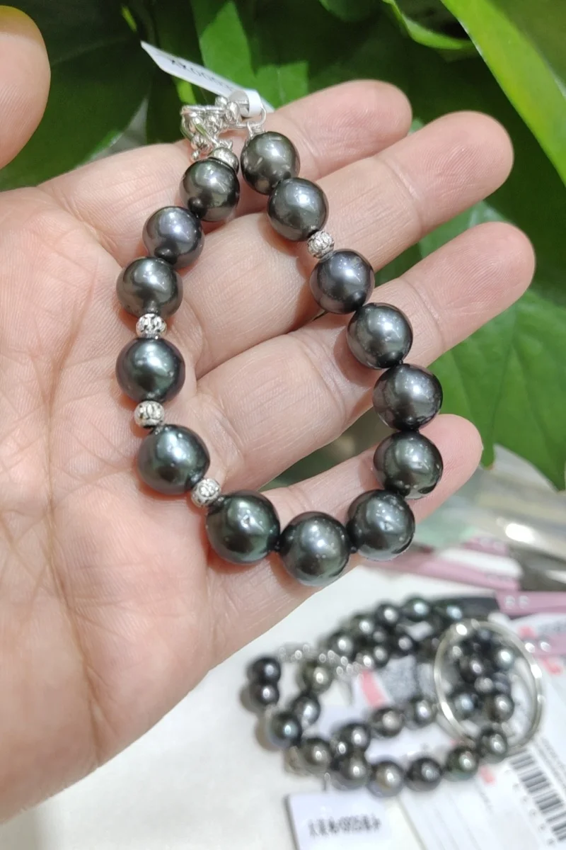 

9-10mm Natural Seawater Black Tahiti Pearl Luxury Bracelet 925 Sterling Silver for Women Man Elegant Jewelry Bracelet 18CM