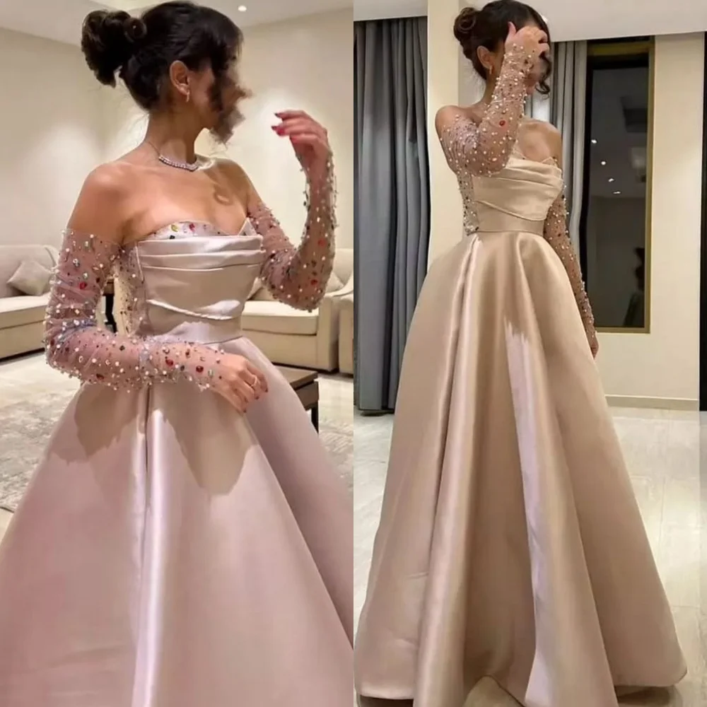 فساتين العودة للوطن من الساتان الرائعة المخصصة مع فستان سهرة أنيق على شكل حرف a من الكريستال اللامع قبالة الكتف فستان المشاهير