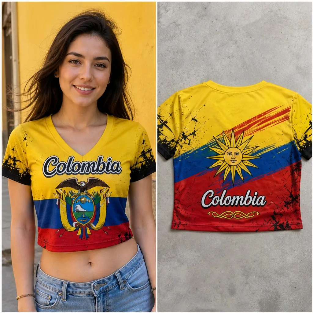 Womens Colombia V Neck Short Sleeve Crop Top Eagle Crest Flag Graphic Casual Summer Shirt for Street Travel Holiday Daily Outfit