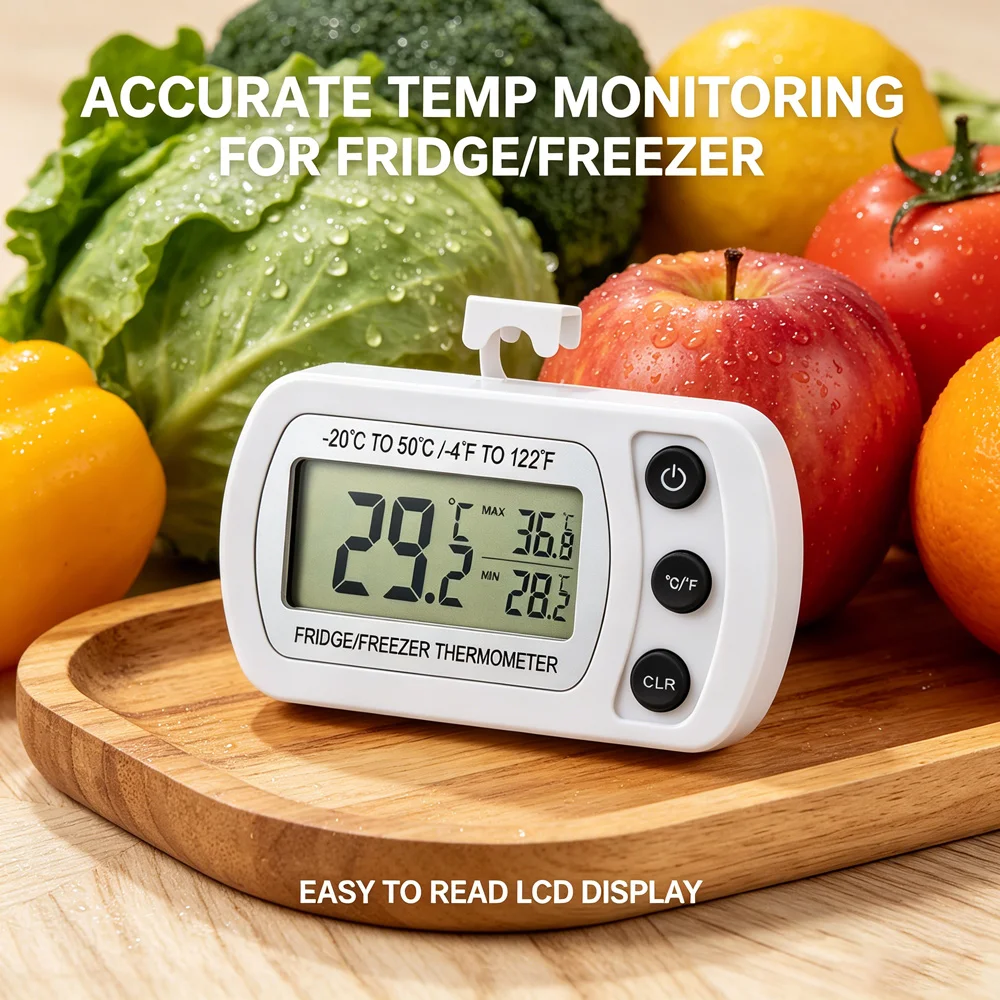 Compact Digital Freezer Fridge Thermometer Max Min Temperature Tracking Hanging Hook Dual Placement Design Home Kitchen