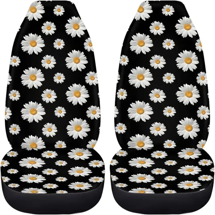 Flower Daisy Pattern Seat Cover Black Universal fit Back Flexible Ultra-Soft Seat Covers Pack of 2