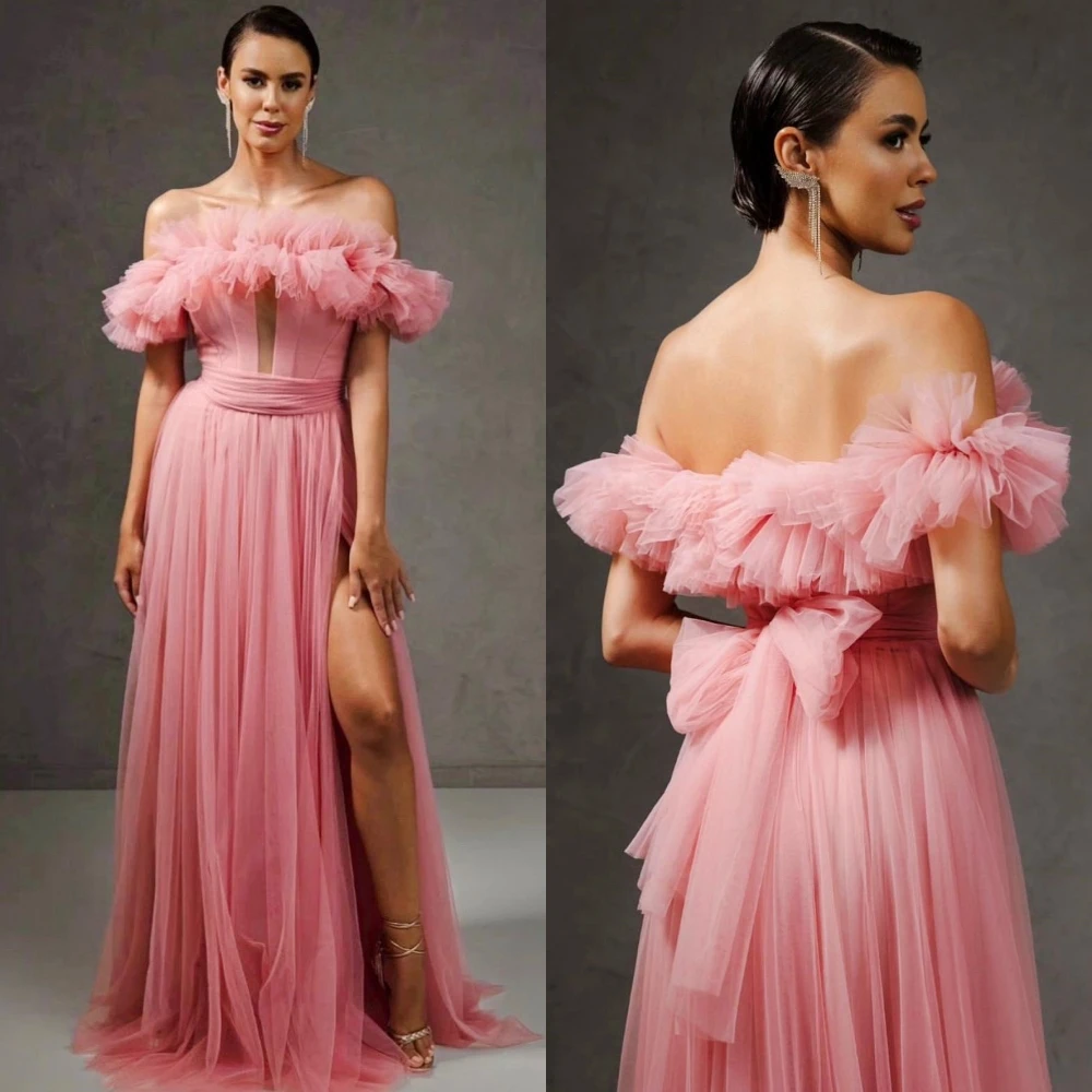 Customized Tulle Draped Pleat Wedding Party A-line Off-the-shoulder Bespoke Occasion Gown Long Dresses