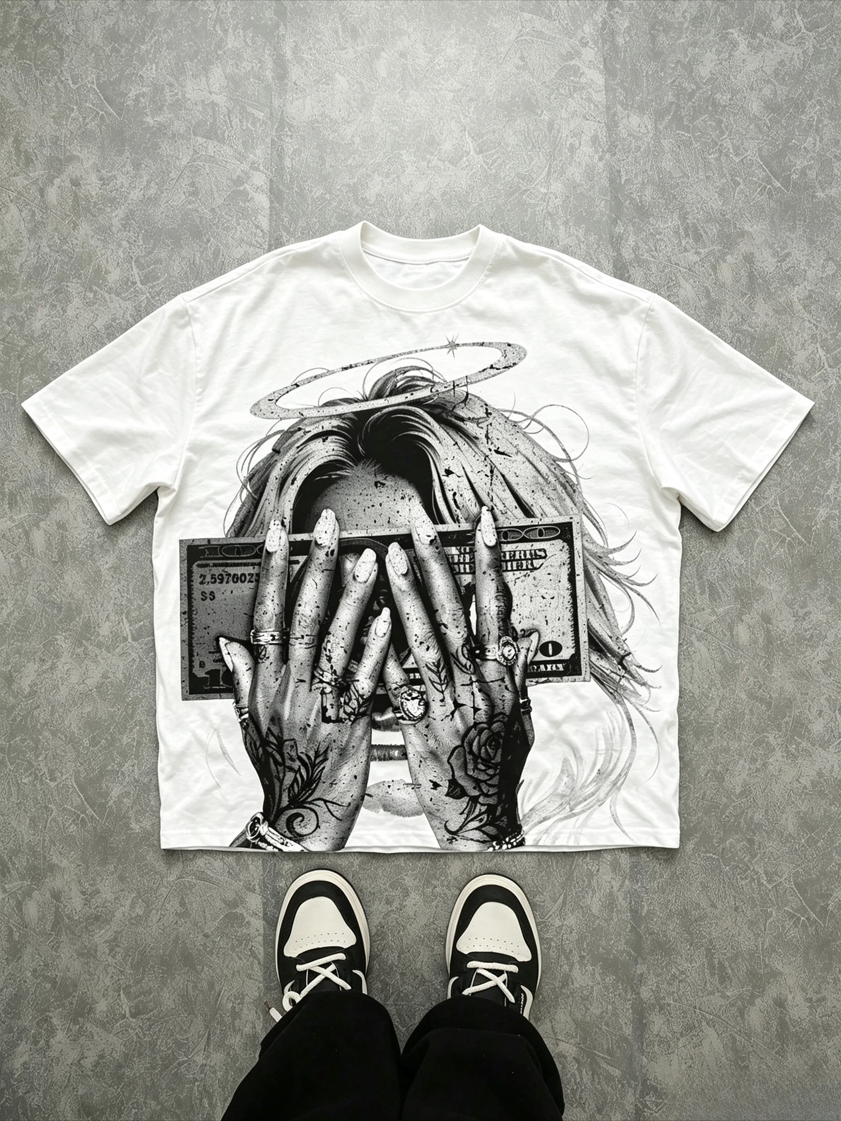 Family Matching T‑Shirt Black Grunge Angel Halo Lady Money Tattoo Hand Front Print Hip‑hop Streetwear Sleeve Tee Tops