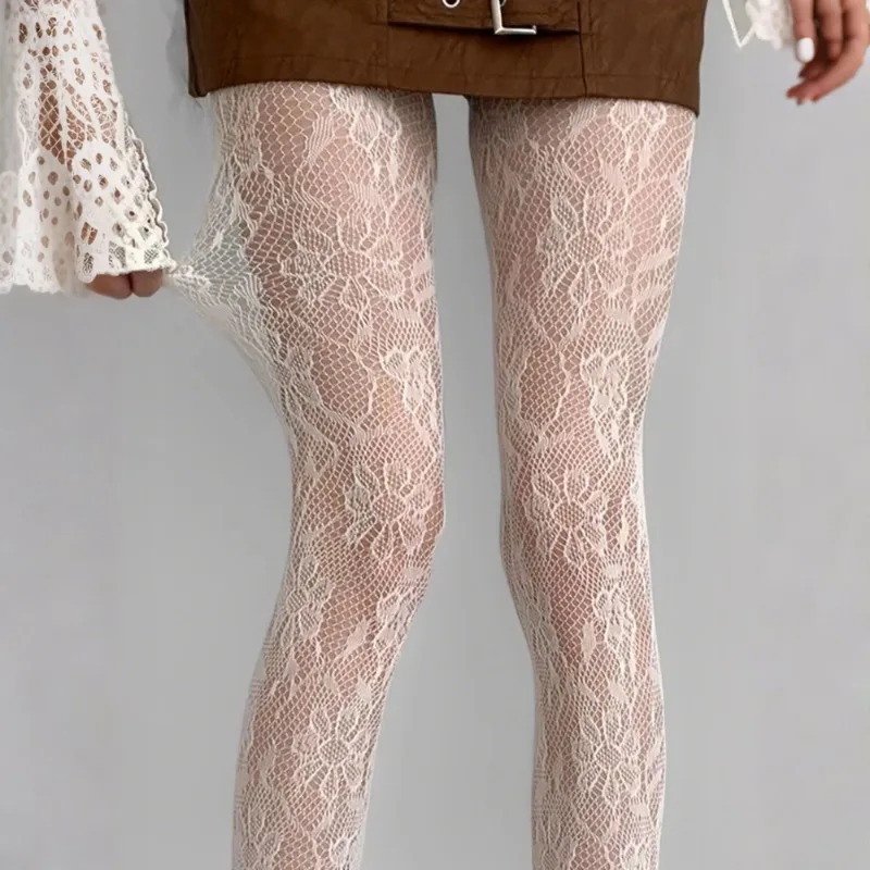 

Lolita White New Tights Women Sexy Lace Floral Thigh High Stockings Hollowed Mesh Bottomed Pantyhose Goth Floral Fishnet Tights