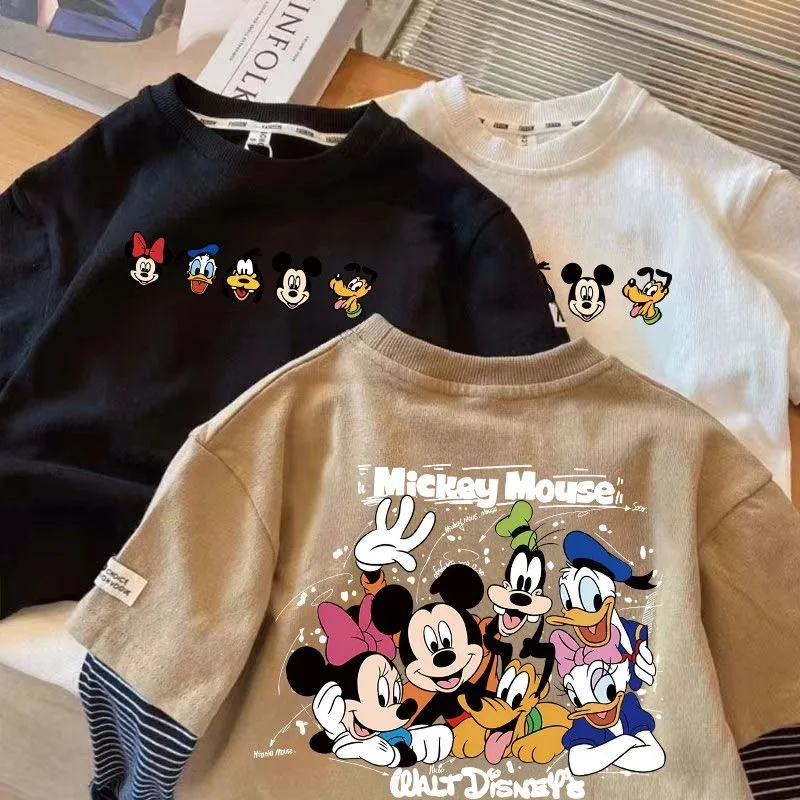 Mickey Mouse Puur Katoen Jongens en Meisjes T-shirt met lange mouwen Lente en herfst Nieuwe nep tweedelige cartoon buitenste dieptepunt