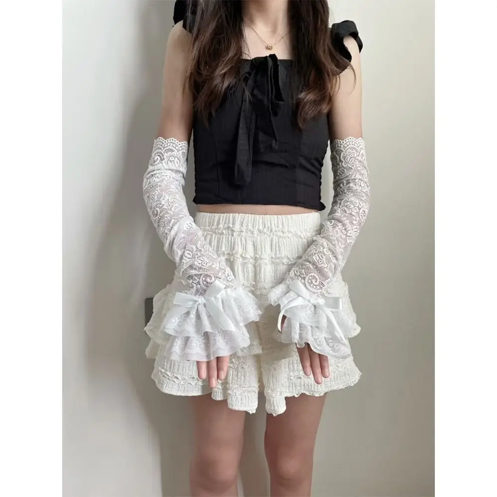 夏服 Y2K レースボウ手袋 UV 保護甘い指なし手袋フェアリーコアスタイル薄手のメッシュアームスリーブ女性のための